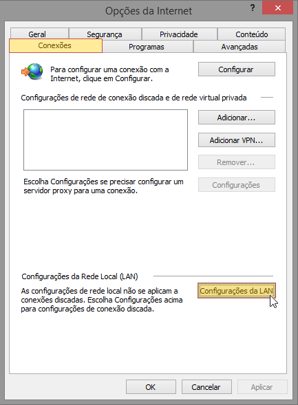 Tela do Internet Explorer 11 indicando a seleção do menu Opções da Internet >Conexões > Configurações da LAN.