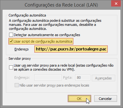 Tela do Internet Explorer 11 indicando a seleção do menu Opções da Internet > Conexões > Configurações da LAN com opção Usar um script de configuração automática marcada com o endereço http://pac.pucrs.br/portoalegre.pac.