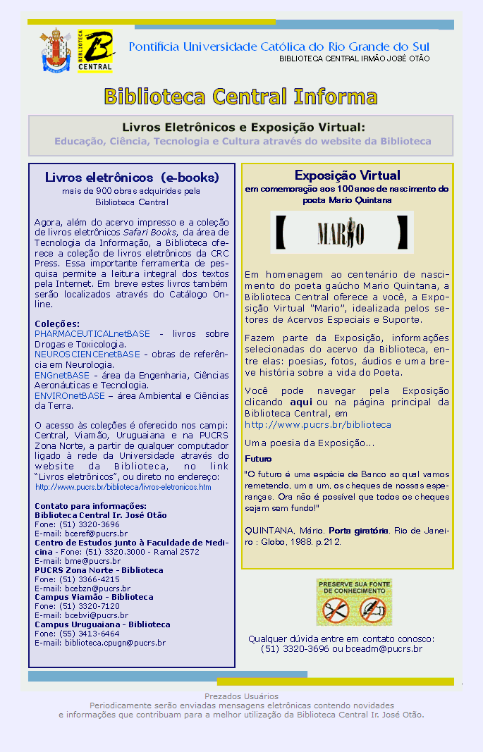 Boletim Biblioteca Central PUCRS de 21/07/2006 sobre livros eletrônicos e exposição virtual