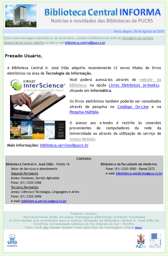 Boletim Biblioteca Central PUCRS de 30/08/2010 sobre novos e-books na área de Tecnologia da Informação