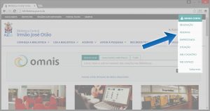 Imagem de tela da parte superior do novo website da Biblioteca, indicando a localização do menu Minha Conta no canto superior direito.