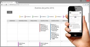 Tela do novo website da Biblioteca destacando o calendário de eventos no computador e em smartphone