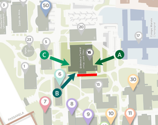 Mapa de parte do Campus da PUCRS indicando com setas os acessos à Biblioteca.