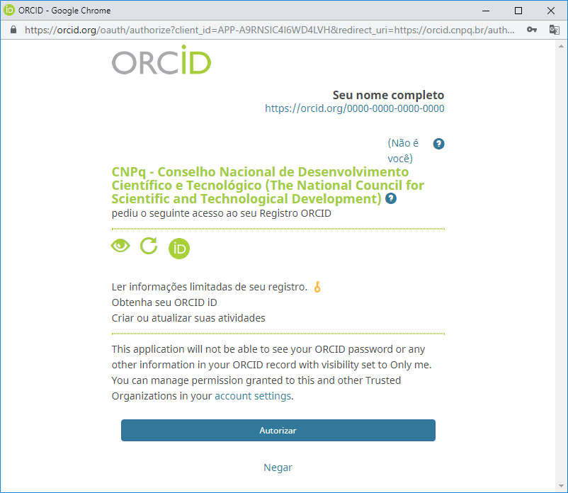 Captura da tela do navegador onde mostra a solicitação de autorização do ORCID para que o Currículo Lattes tenha permissão de acesso. É necessário escolher a opção Autorizar para seguir com a integração.