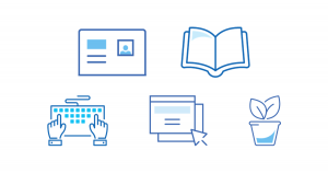 Imagem com cinco ícones representando as dicas da notícia: cartão de identificação, livro, teclado com duas mãos usando, duas páginas web e um vaso.
