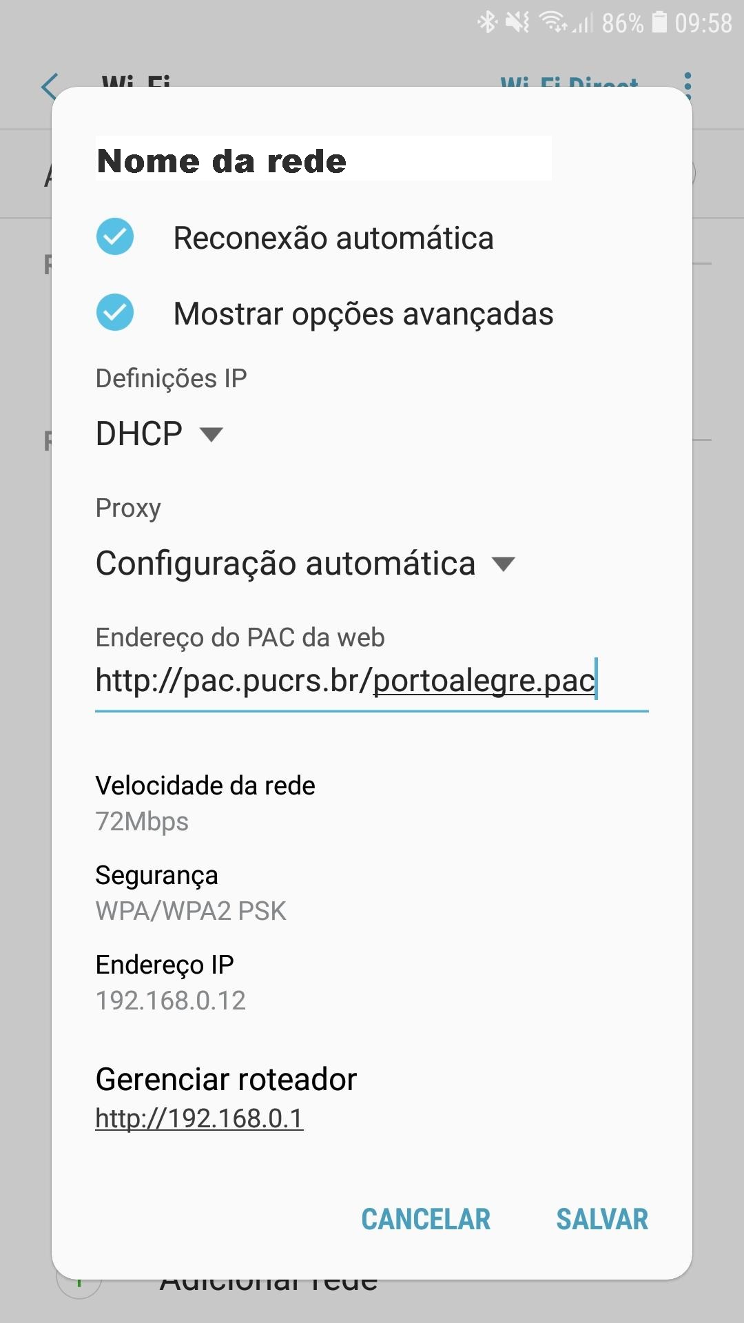 Tela de configuração do Android apresentado as configurações para o acesso remoto. No campo proxy está selecionada a opção configuração automática. No endereço do PAC está escrito http://pac.pucrs.br/portoalegre.pac