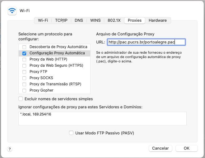 Tela de configuração de proxy no Mac OS, ilustrando as instruções indicadas no texto