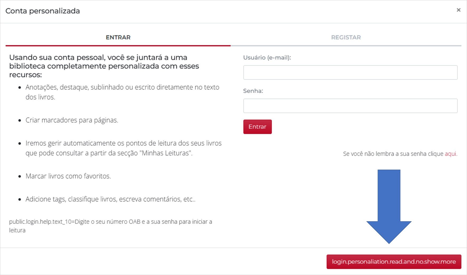 Tela mostrando solicitação de criação de conta pessoal e botão para apenas ler o livro